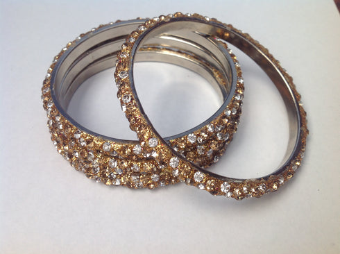 Three Line Stoned Studded Lac Bangles - Golden White